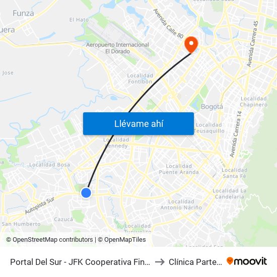 Portal Del Sur - JFK Cooperativa Financiera to Clínica Partenon map