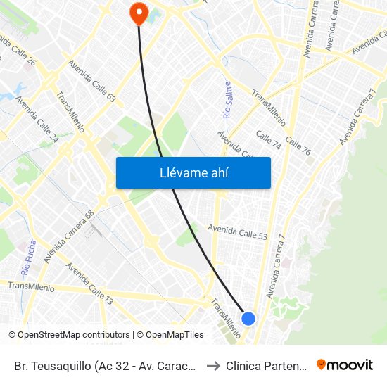 Br. Teusaquillo (Ac 32 - Av. Caracas) to Clínica Partenon map