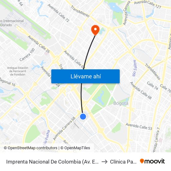 Imprenta Nacional De Colombia (Av. Esperanza - Kr 66) to Clínica Partenon map