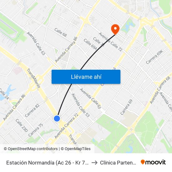 Estación Normandía (Ac 26 - Kr 74) to Clínica Partenon map