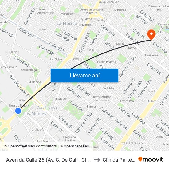 Avenida Calle 26 (Av. C. De Cali - Cl 51) (A) to Clínica Partenon map