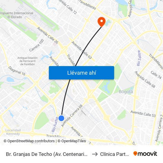 Br. Granjas De Techo (Av. Centenario - Kr 65) to Clínica Partenon map