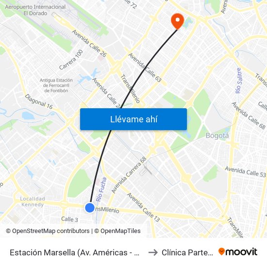 Estación Marsella (Av. Américas - Kr 69b) to Clínica Partenon map