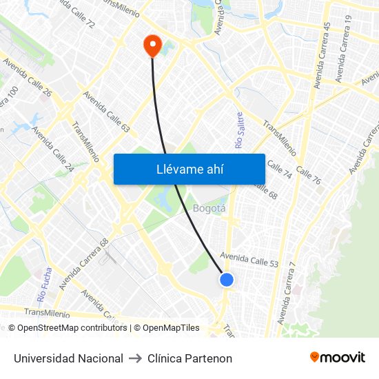 Universidad Nacional to Clínica Partenon map