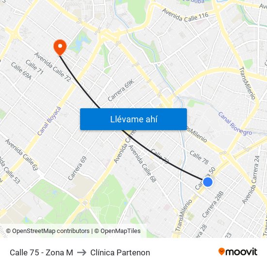 Calle 75 - Zona M to Clínica Partenon map