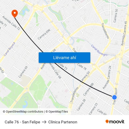 Calle 76 - San Felipe to Clínica Partenon map