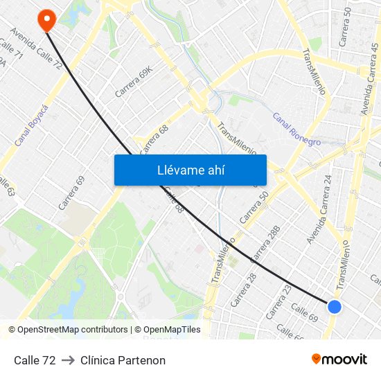 Calle 72 to Clínica Partenon map