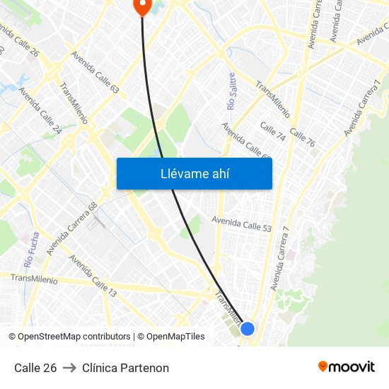Calle 26 to Clínica Partenon map