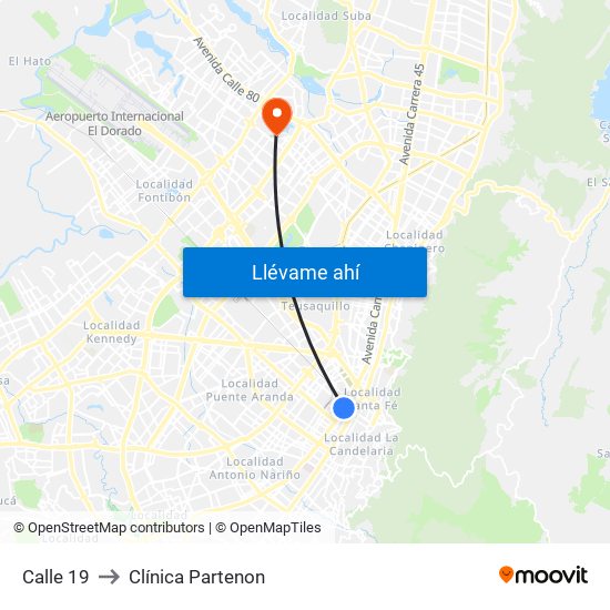 Calle 19 to Clínica Partenon map