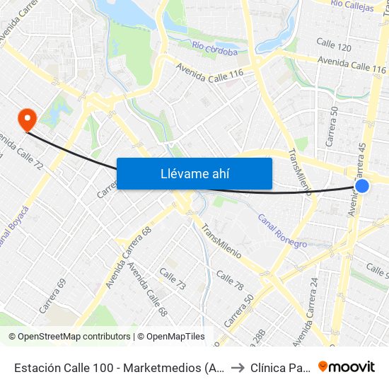 Estación Calle 100 - Marketmedios (Auto Norte - Cl 98) to Clínica Partenon map