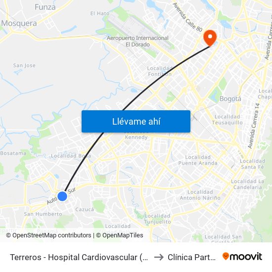 Terreros - Hospital Cardiovascular (Lado Sur) to Clínica Partenon map
