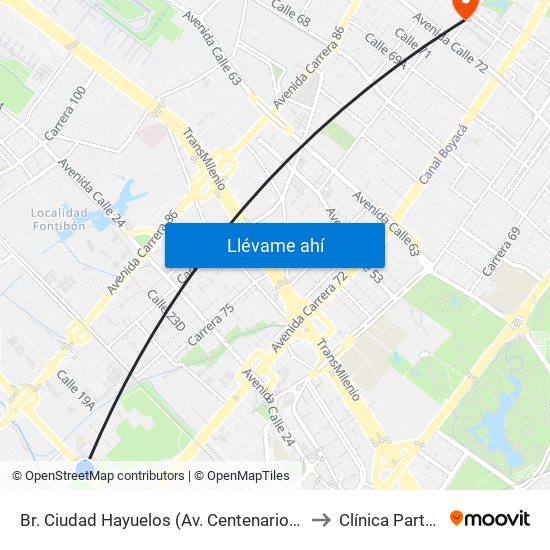 Br. Ciudad Hayuelos (Av. Centenario - Kr 78g) to Clínica Partenon map