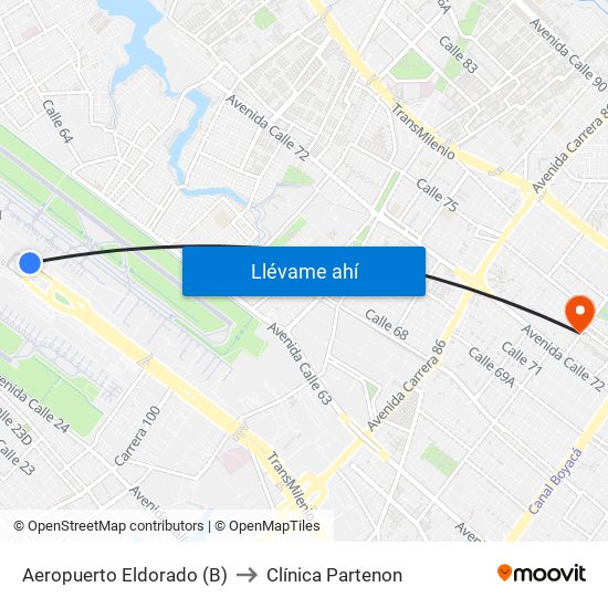 Aeropuerto Eldorado (B) to Clínica Partenon map