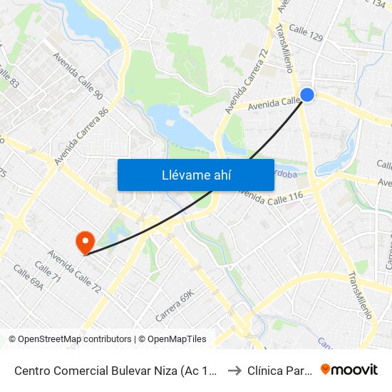 Centro Comercial Bulevar Niza (Ac 127 - Av. Suba) to Clínica Partenon map