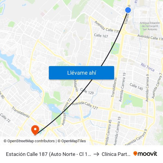 Estación Calle 187 (Auto Norte - Cl 187 Bis) (A) to Clínica Partenon map
