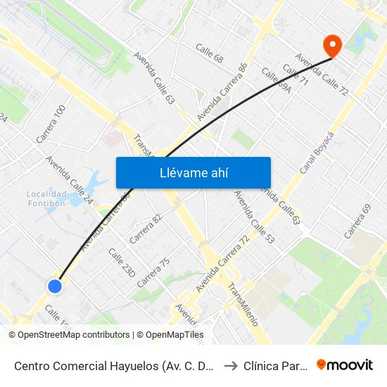 Centro Comercial Hayuelos (Av. C. De Cali - Cl 20) to Clínica Partenon map