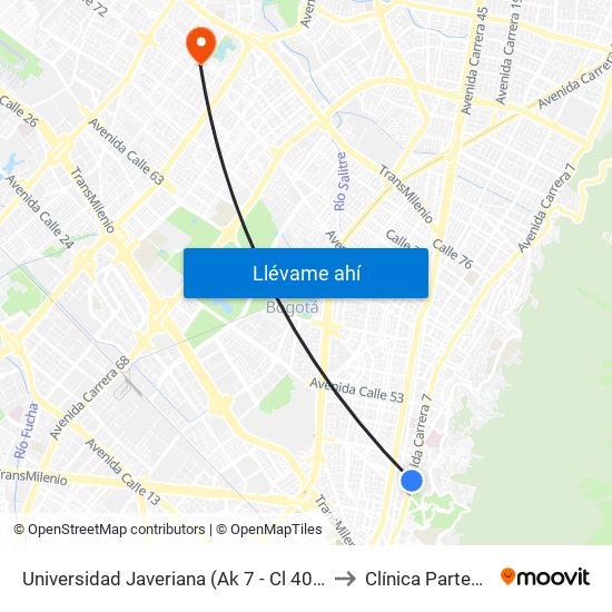 Universidad Javeriana (Ak 7 - Cl 40) (B) to Clínica Partenon map