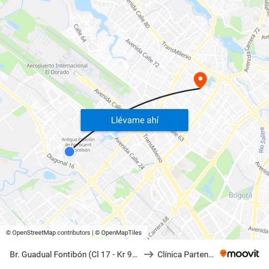 Br. Guadual Fontibón (Cl 17 - Kr 96h) to Clínica Partenon map