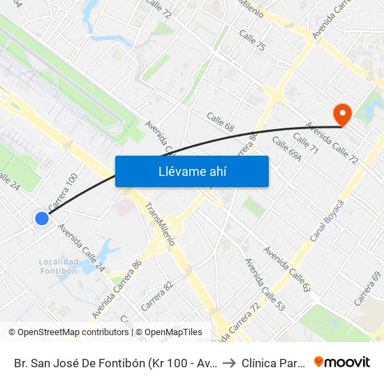 Br. San José De Fontibón (Kr 100 - Av. Esperanza) to Clínica Partenon map