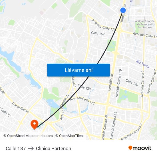 Calle 187 to Clínica Partenon map