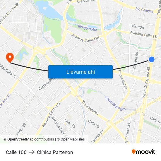 Calle 106 to Clínica Partenon map