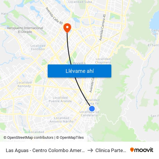 Las Aguas - Centro Colombo Americano to Clínica Partenon map