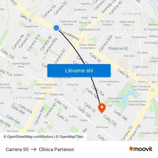 Carrera 90 to Clínica Partenon map