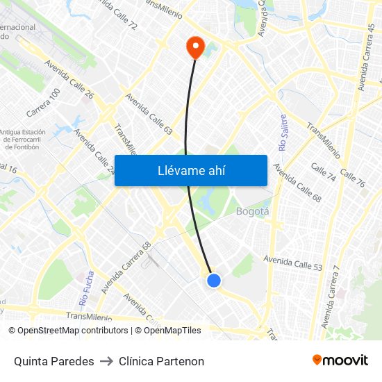 Quinta Paredes to Clínica Partenon map