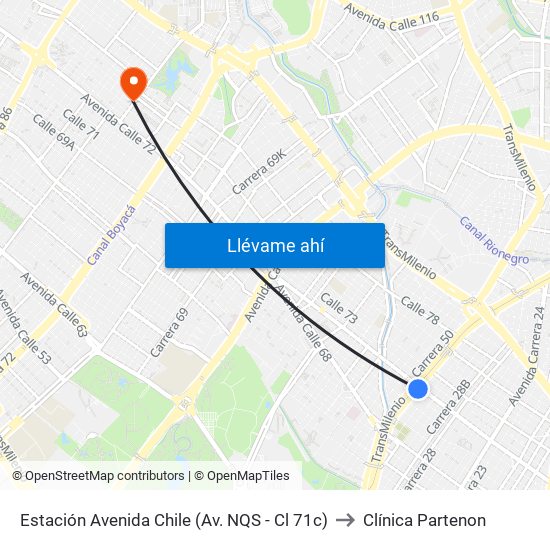 Estación Avenida Chile (Av. NQS - Cl 71c) to Clínica Partenon map