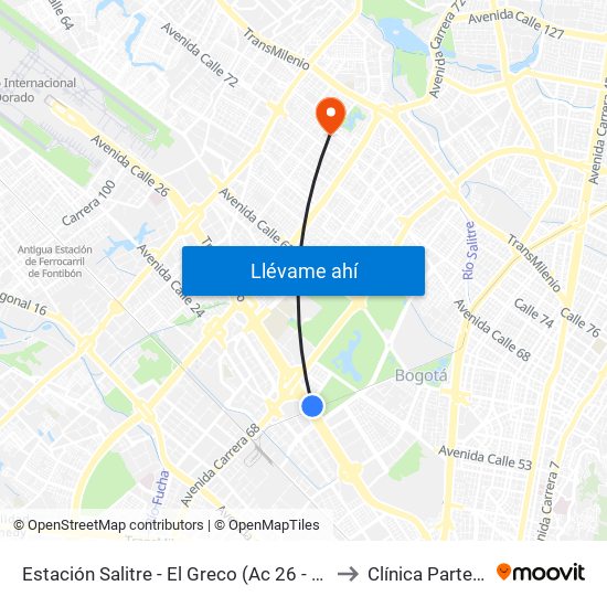 Estación Salitre - El Greco (Ac 26 - Ak 68) to Clínica Partenon map