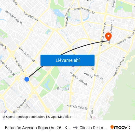 Estación Avenida Rojas (Ac 26 - Kr 69d Bis) (B) to Clínica De La Sabana map