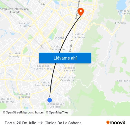 Portal 20 De Julio to Clínica De La Sabana map