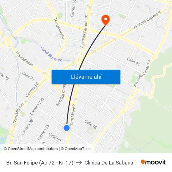 Br. San Felipe (Ac 72 - Kr 17) to Clínica De La Sabana map