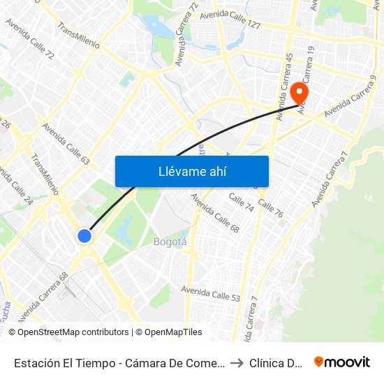 Estación El Tiempo - Cámara De Comercio De Bogotá (Ac 26 - Kr 68b Bis) to Clínica De La Sabana map