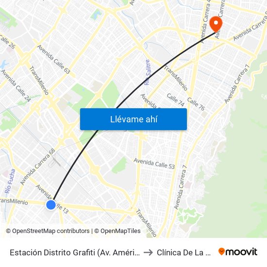Estación Distrito Grafiti (Av. Américas - Kr 53a) to Clínica De La Sabana map