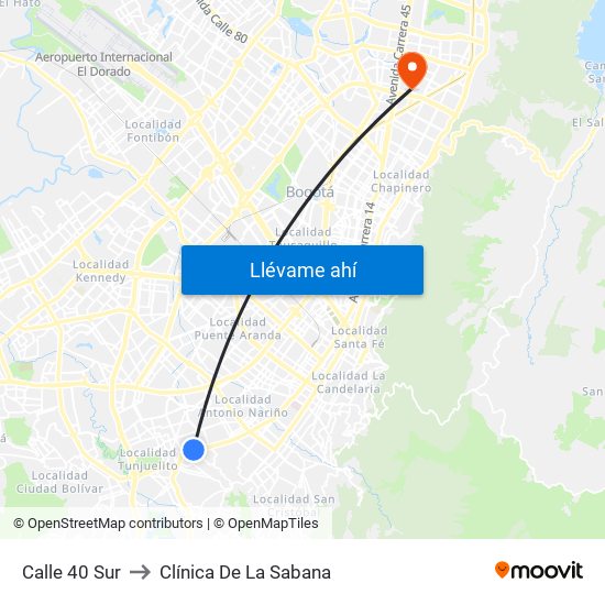 Calle 40 Sur to Clínica De La Sabana map