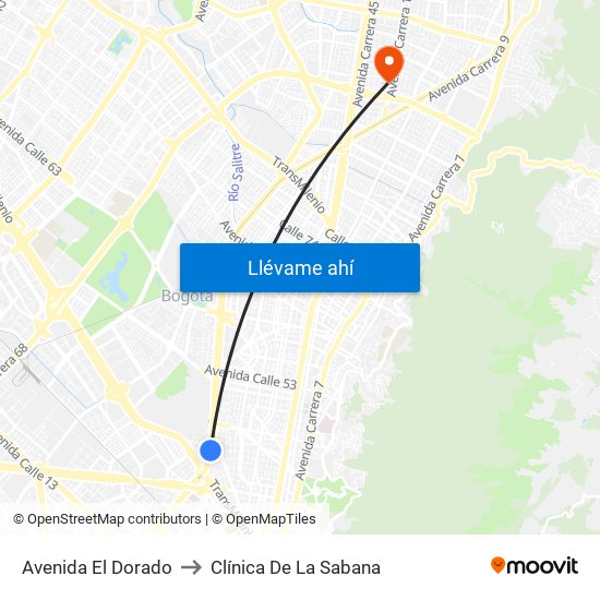 Avenida El Dorado to Clínica De La Sabana map