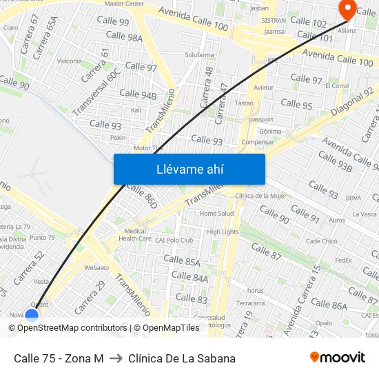 Calle 75 - Zona M to Clínica De La Sabana map