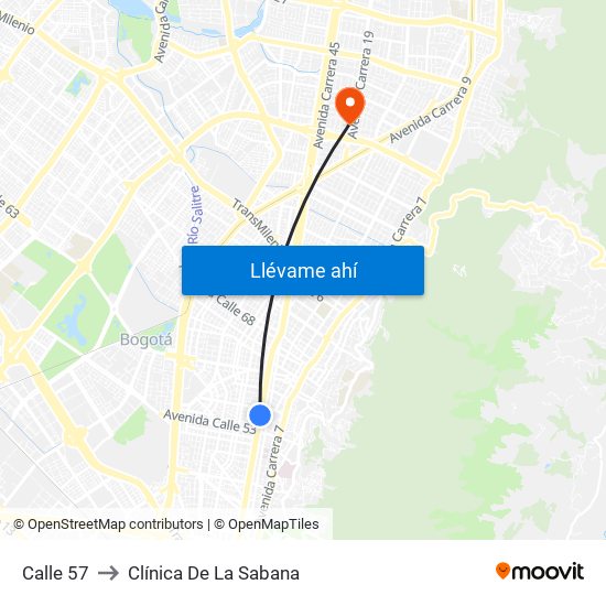 Calle 57 to Clínica De La Sabana map