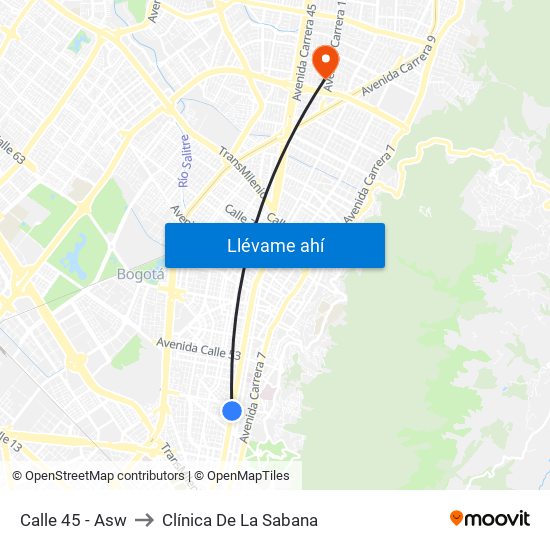 Calle 45 - Asw to Clínica De La Sabana map