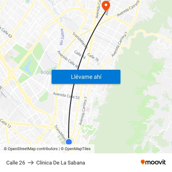 Calle 26 to Clínica De La Sabana map