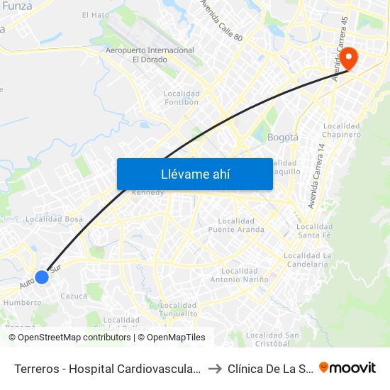 Terreros - Hospital Cardiovascular (Lado Sur) to Clínica De La Sabana map