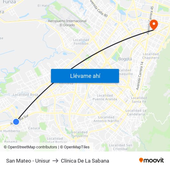 San Mateo - Unisur to Clínica De La Sabana map