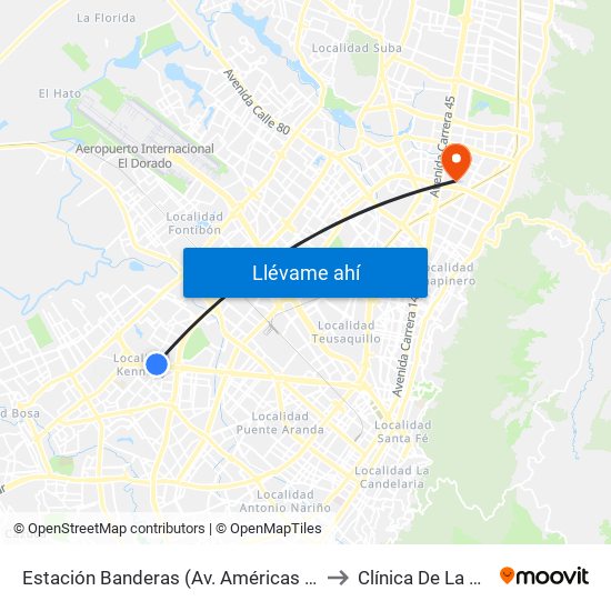 Estación Banderas (Av. Américas - Kr 78a) (A) to Clínica De La Sabana map