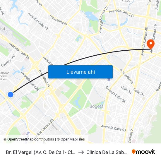 Br. El Vergel (Av. C. De Cali - Cl 18) to Clínica De La Sabana map