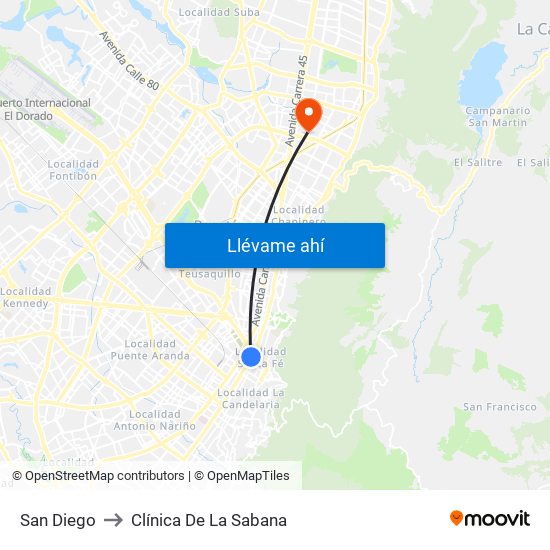 San Diego to Clínica De La Sabana map