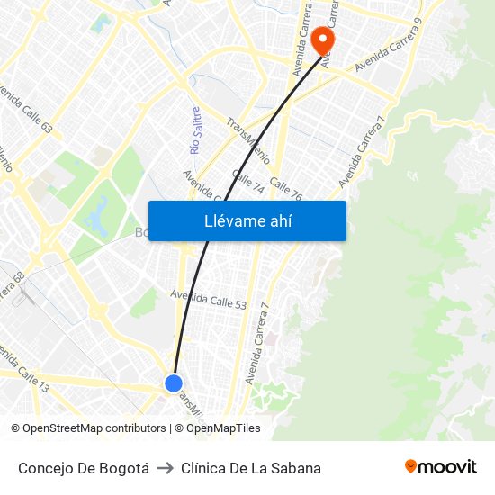 Concejo De Bogotá to Clínica De La Sabana map