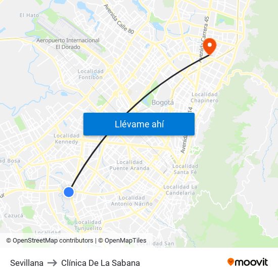 Sevillana to Clínica De La Sabana map