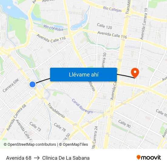 Avenida 68 to Clínica De La Sabana map