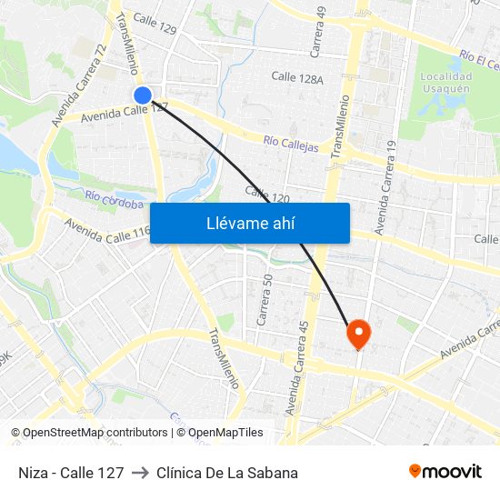 Niza - Calle 127 to Clínica De La Sabana map
